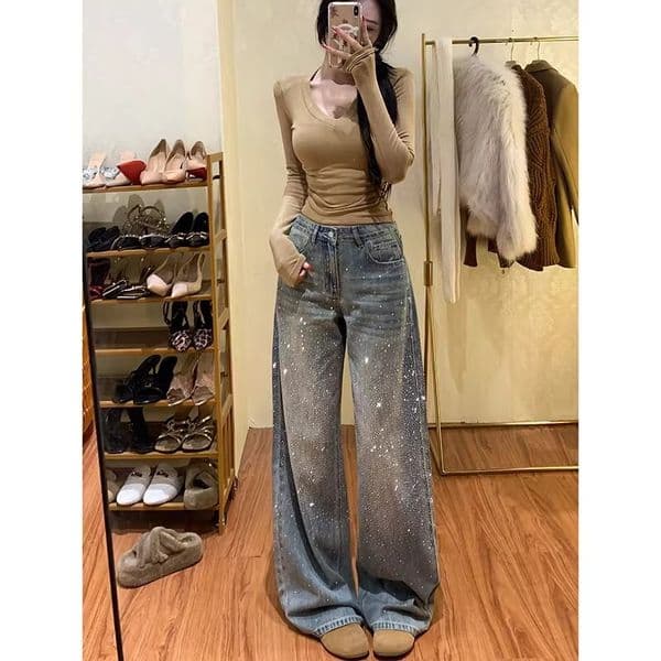 Dazzling Galaxy Rhinestone Sparkle Women's Jeans 2026 Spring/autumn New High-waisted Loose Slimming Designer Pants Wide-leg Stack Pants