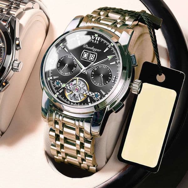 Men's Automatic Mechanical Watch Skeleton Luminous Waterproof Stainless Steel Band Calendar Wristwatch