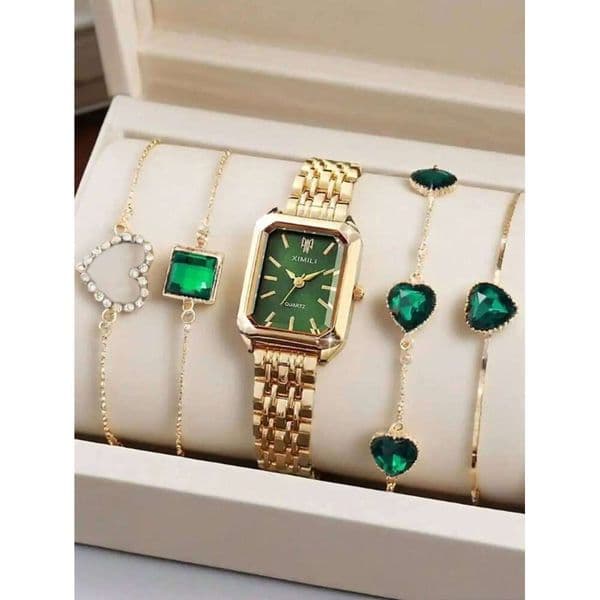 Trendy Square Gold Steel Belt Women's Watch Set