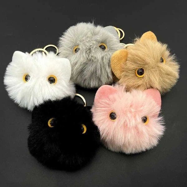 Plush Cute Animal Pompom Woman Key Chains Ornament Children Stuffed Toy Big Eyed Cat Doll Gift for Women Girl H260323