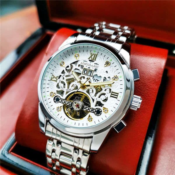 Designer watches AOKULASIC New Men's Semi-Automatic Mechanical Watch Hollow Fashion Calendar Steel Band Wristwatch Luxury Fashion wristwatch