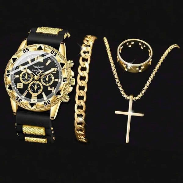 Men's Black Watch Set, 4 Pieces, Trendy, Quartz Watch, Bracelet, Necklace, Ring, Perfect Gift for Friends or Bar Dad