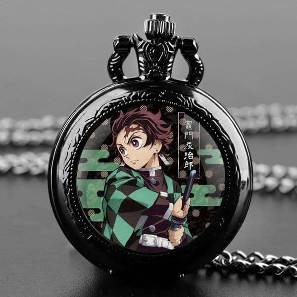 Kamado Tanjirou Design Glass Dome Quartz Pocket Watch With Durable Chain Arabic Numeral Dial For Men And Women Creative Gifts