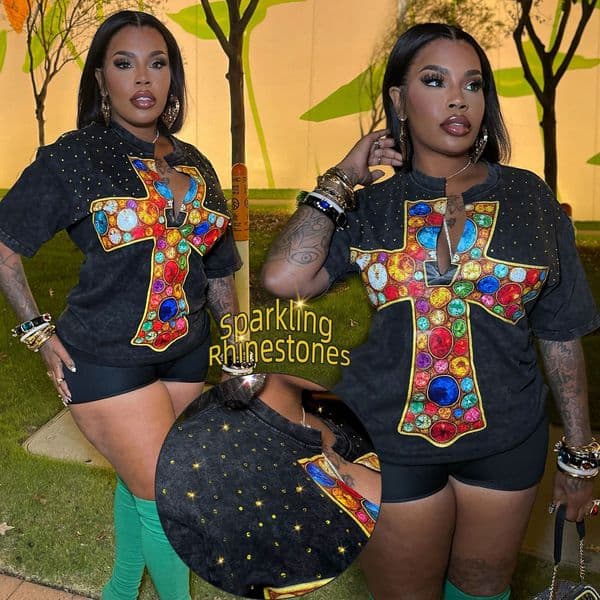 Designer Hoodie Vintage Washed Black T-shirt For Women Designer T-shirt Polo Oversized Style Cross Print Rhinestone Top