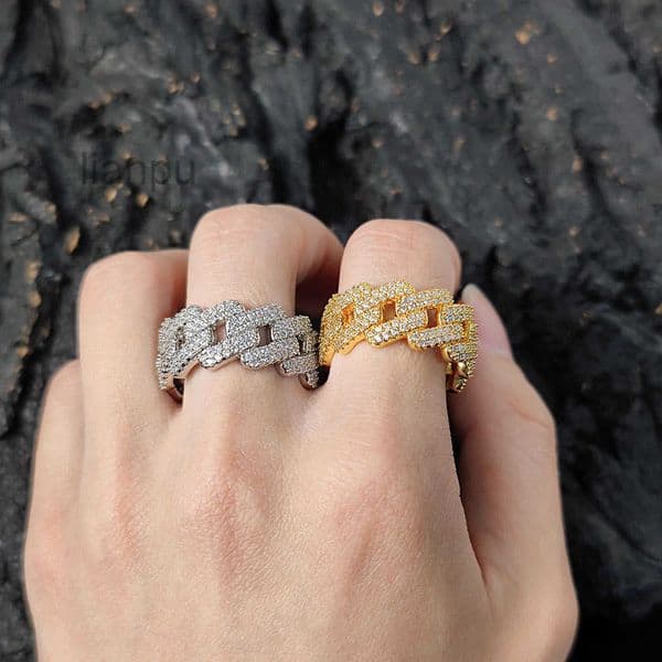 Ring Rings Designer Designer For Women gold ring Hip Hop Brass Zirconia Ring 11mm Diamond Shaped Cuban Chain Ring Trendy Brand Mens Ring