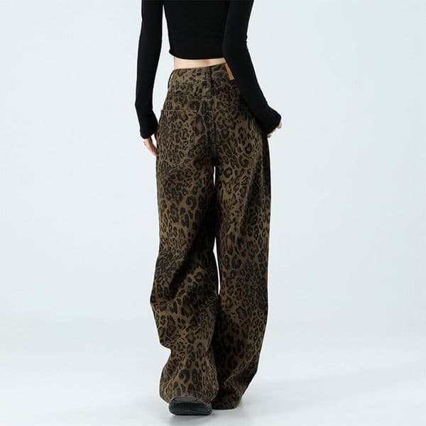 Loose Designer Pants Wide-leg Jeans With Vintage Drape And Floor-length Design For Women Spring/summer Collection Coffee Brown Leopard Print Pants