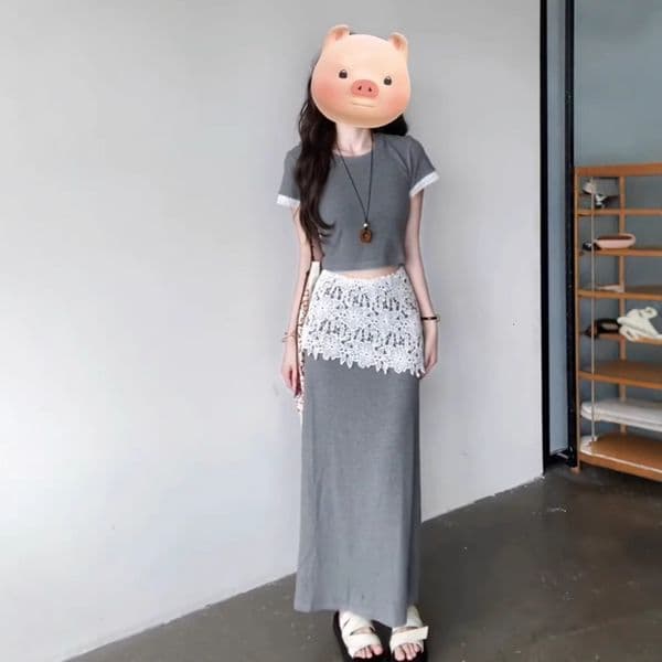 Designer Luxury Aiyixuan French-style Elegant Fashion Set New Slim-fit Round-neck T-shirt Women's Designer Suit With Lace Splicing And Half-length Skirt Set
