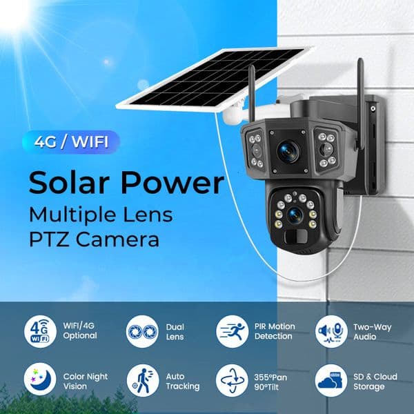 4MP Dual Lens Solar 4G/WiFi Security Camera, 360° PTZ Outdoor Camera with Full Color Night Vision & Two-Way Audio