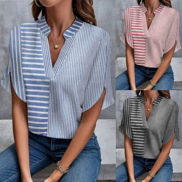 European And American Designer T-shirt Polo Summer New Women's V-neck Designer Hoodie Pullover Short-sleeve Striped Casual Ladies' Shirt