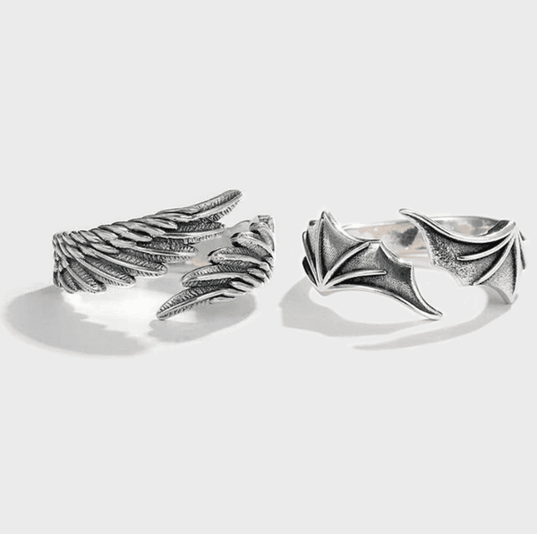 Chic Handcrafted Retro Angel Demon Wings Rings Combo - Silver Tone Faux Vintage O-ring Supply