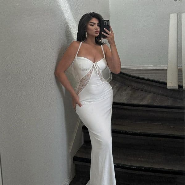 2025 Summer New Arrival Mature and Sexy Low-Cut Solid Color Mesh Semi-Transparent Design Tie-Up Backless Bodycon Dress