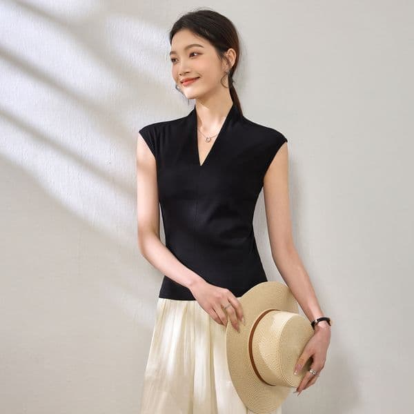 Elegant Polo V-neck Sleeveless T-shirt For Women 2026 Designer T-shirt Designer Hoodie Summer New Design Niche Slim-fit Style Guangzhou Women's Top
