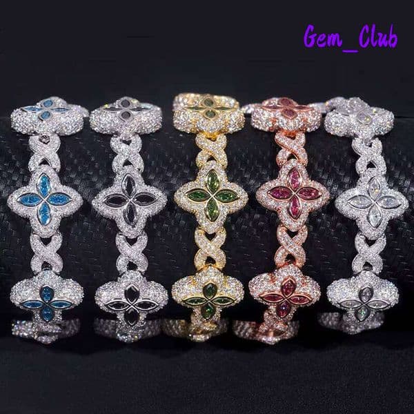 Hop Hip Fashion Bracelet 19Mm Brass Blue Moissanite Vvs Silver Colored Diamond Four Leaf Clover Infinity Link For Parties And Lovers Jewelry