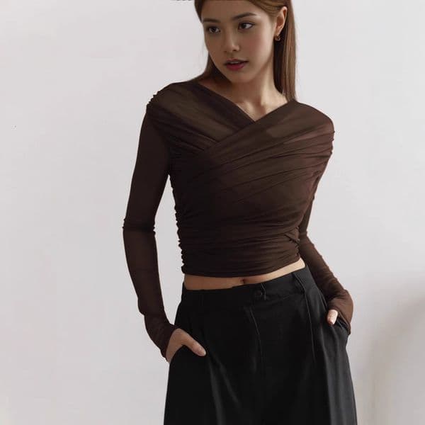 European And American Designer Hoodie Spring And Autumn New Solid Color Mesh Designer T-shirt Elegant Pleated Long-sleeve T-shirt Polo Top For Women