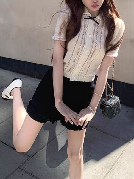 Designer T-shirt Mohair Summer Knitted Doll Collar Short Sleeve Top Polo Designer Hoodie For Women Slim Sweet Age-reducing Blouse