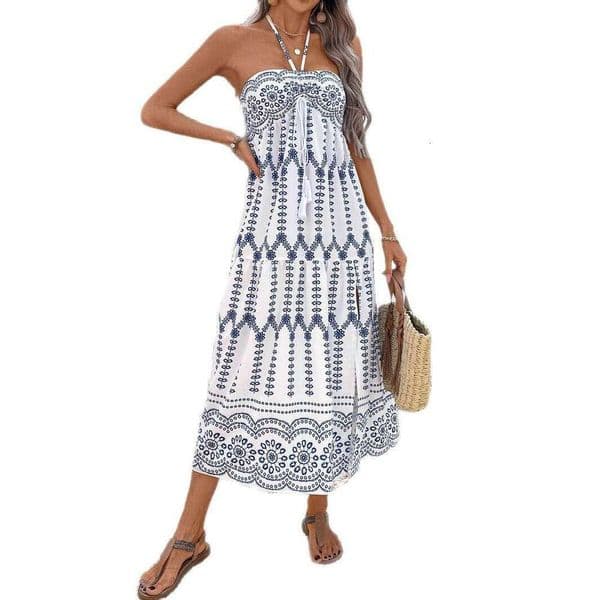 European and American Cross-Border Bohemian Women's Clothing Vacation Style Summer Fashion Slit Sexy Printed Tie Strap Tube Dress