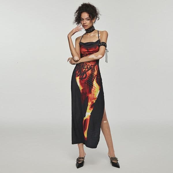Best-selling Designer Dress Women's Clothing: Flame Print Sexy Slip Dress With Slit And Open Back European And American Style Sexy Dress