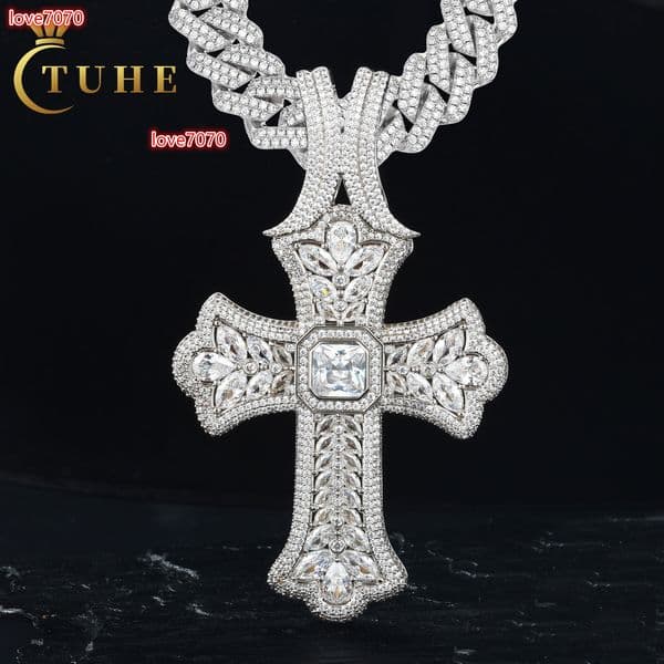 Personality Hip Hop Jewelry White Gold Plated S925 5A Marquise Cut MoissaniteVVS Diamond Luxury Cross Pendant for Men