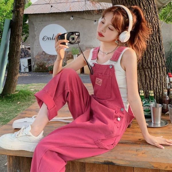 Designer Pants Rose Pink Denim Overalls For Women New Style Sweet And Salty Street Style Youthful Casual Jumpsuit Loose Straight Long Pants