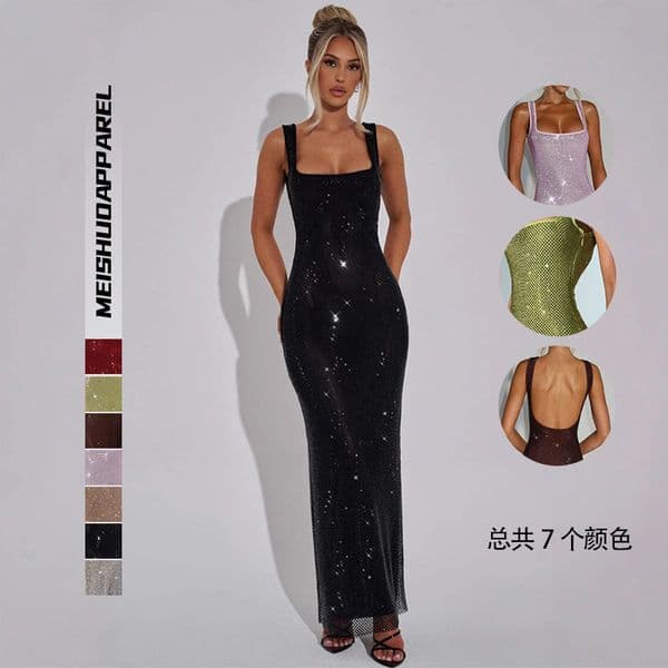 Sexy Double Strap Sequin Designer Dress Mesh Rhinestone Camisole Dress For Women Autumn Winter New Elegant Waist-cinching Pullover Bodycon Dress