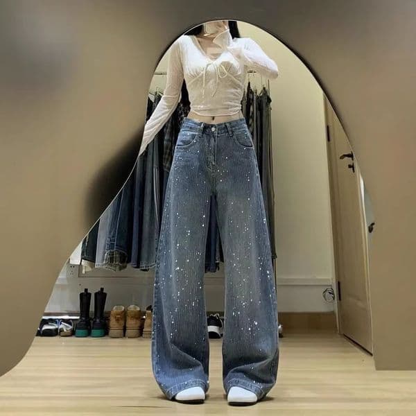 American-style Rhinestone-embellished Straight-leg Jeans For Women Designer Pants 2026 New Model Loose-fitting Slimming Wide-leg Floor-length Pants