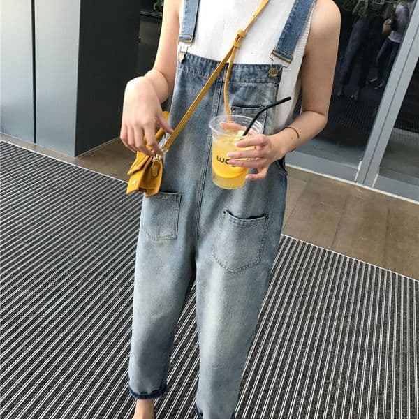 Not Street-vendor Goods: Women's Denim Overalls Designer Pants Cropped Pants Korean Style Loose Fit Autumn Plus Size Student Straight-leg Jumpsuit Other