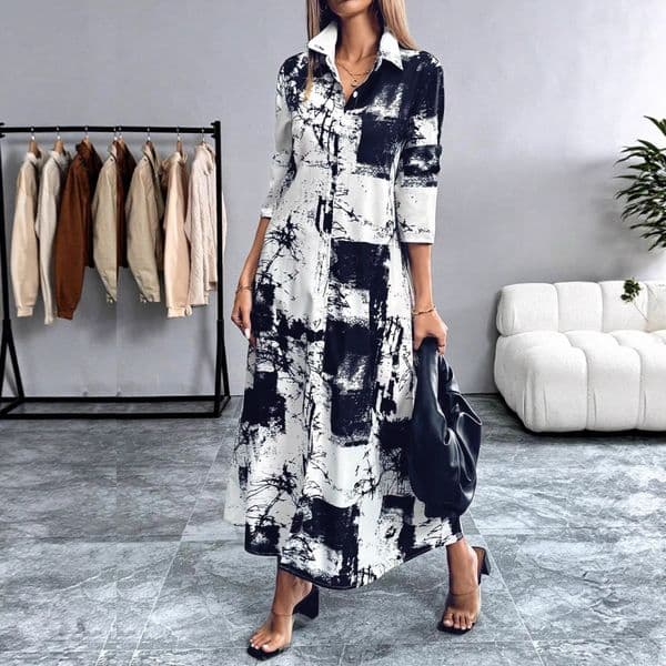 New Designer Dress Platform Product: European And American Sexy Fashion Digital Print Long-sleeve V-neck Dress