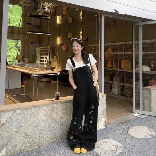 Spring New Cartoon Embroidery Black Youthful Denim Overalls For Women High Waist Loose Designer Pants Straight Floor-length Pants