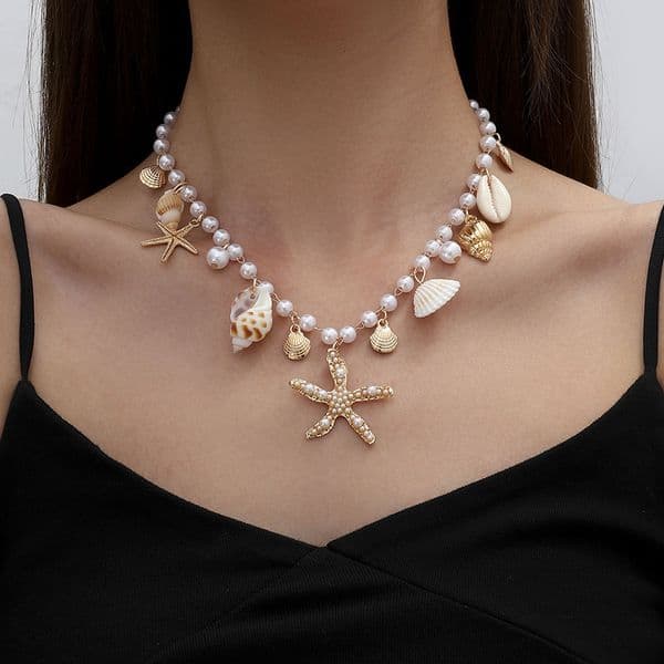 Bohemian Summer Light Beach Shell Necklace Bracelet For Women Imitation Pearl Starfish Conch Fashionable Women's Accessories Jewelry Accessories