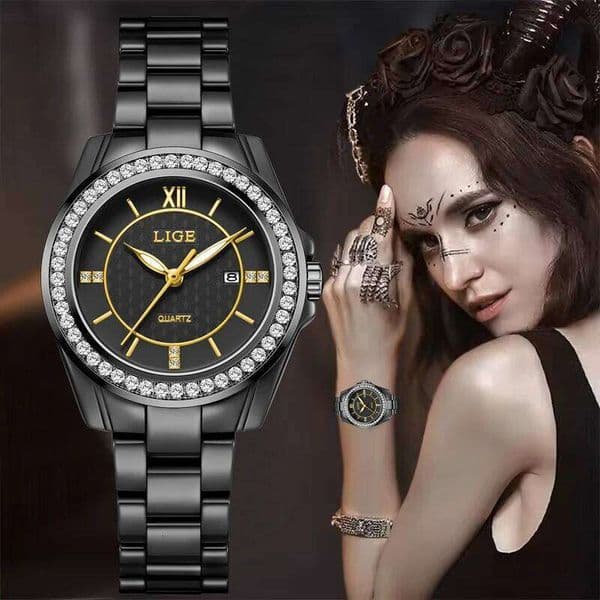 LIGE 2026 New Luxury Black Ceramic Watch Women Fashion Waterproof Luminous Women's Wristwatch Casual Quartz Chronograph
