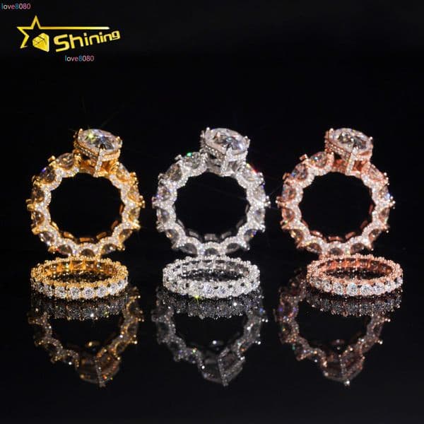 Wedding Ring Set 925 Sterling Silver Gold Plated Luxury Design Fully Band 6ct Pear Moissanite Pass Diamond Test Sparking Ring