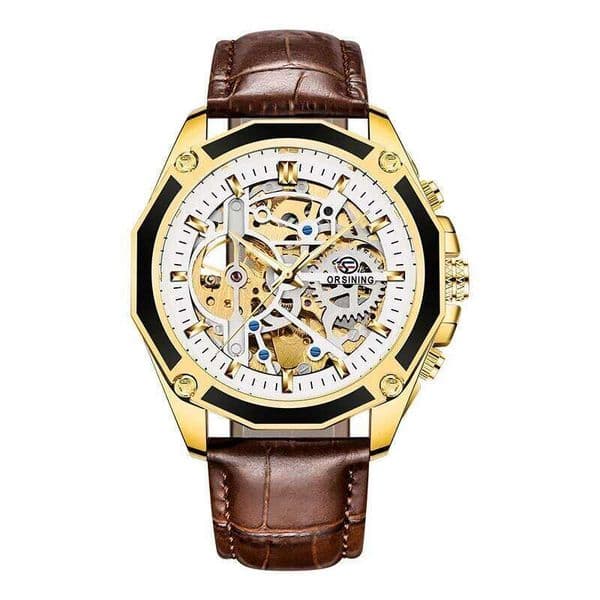 Forsining Top Brand Luxury Mechanical Golden Case Leather Strap Transparent Movement Men Watches Automatic Watch Gifts