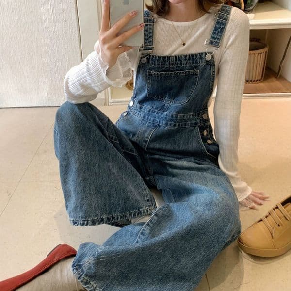 Vintage Hong Kong Style Versatile Denim Overalls Designer Pants For Women Spring New Arrival Loose And Relaxed Wide-leg Trousers With A Floor-sweeping Feel