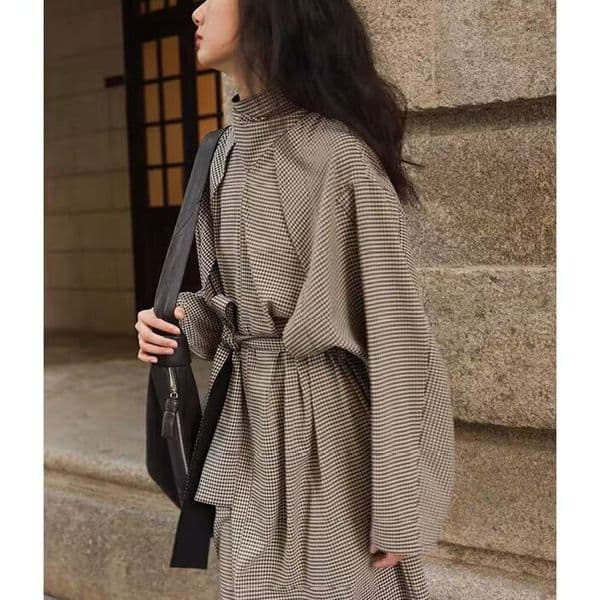 Early Autumn Designer Structured Designer Dress Trench Coat Style Plaid Dress With Adjustable Waist French Retro Lazy Style Long Dress