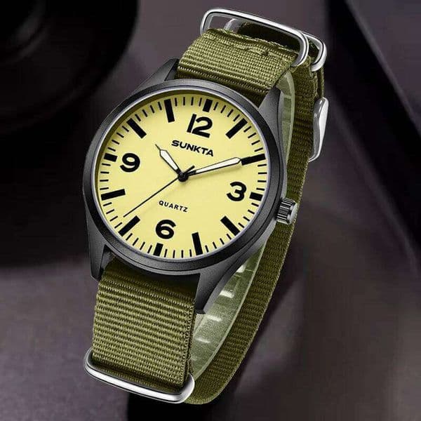 SUNKTA New Original Luxury Watch Creative Green Nylon Strap Waterproof Watches For Men Military Luminous Quartz Wristwatch
