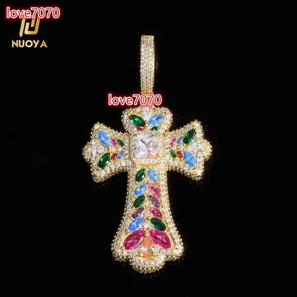 NUOYA Custom Colorful Cross Pendant Large Baguette Moissanite Diamond Iced Out Charm Pendant Hip Hop Jewelry for Men and Women Gift
