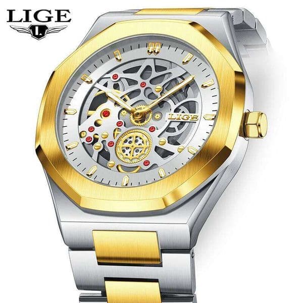 LIGE New Gold Hollow Skeleton Men's Quartz Wristwatch Fashion Business Watch Men Stainless Steel Waterproof Luminous Chronograph