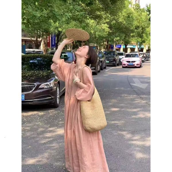 Early Spring And Autumn New Style Pink Cotton-linen Solid Color Maternity Plus-size V-neck Tie Dress Designer Dress Loose Women's Dress For Summer