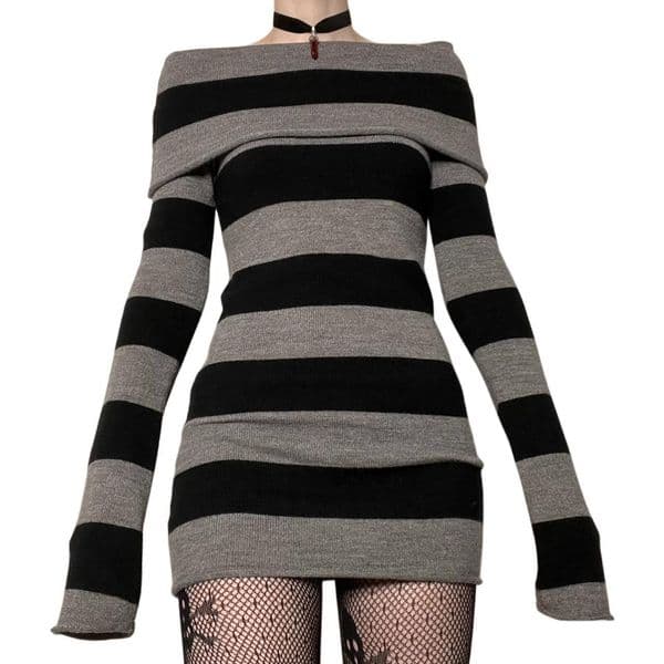 European And Designer Dress American Autumn And Winter New Striped Off-shoulder Knitted Dress Waist-cinching Slim-fit Dress For Women