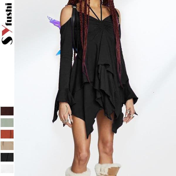 Gothic Hot Girl Style Milk Silk Women's Dress With Off-shoulder Long Designer Dress Sleeves High Waist Suspender Skirt And Ruffle Hem Dress