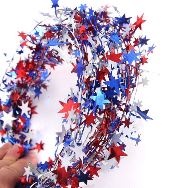 Independence Day garland with pentagrams, red, white, and blue star tinsel, veteran's retirement day party decoration, colorful wire strips