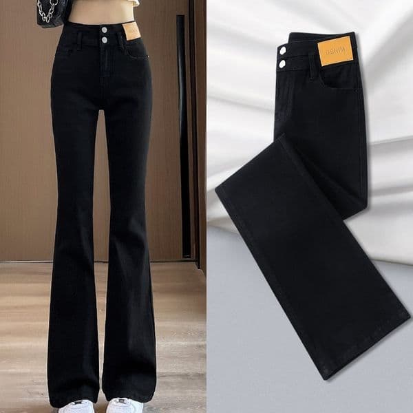 Black Double-button Micro-flare Jeans For Women 2026 New Popular High-waisted Slim-fit Spring And Autumn Designer Pants Petite Floor-length Pants