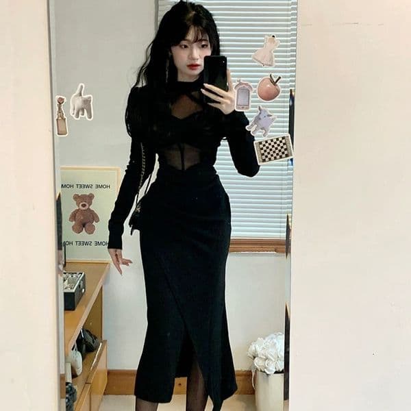 Hot Girl Mesh Patchwork Long Sleeve Dress Women's Spring New Style Slit Sexy Mid-length Designer Dress Bodycon Dress