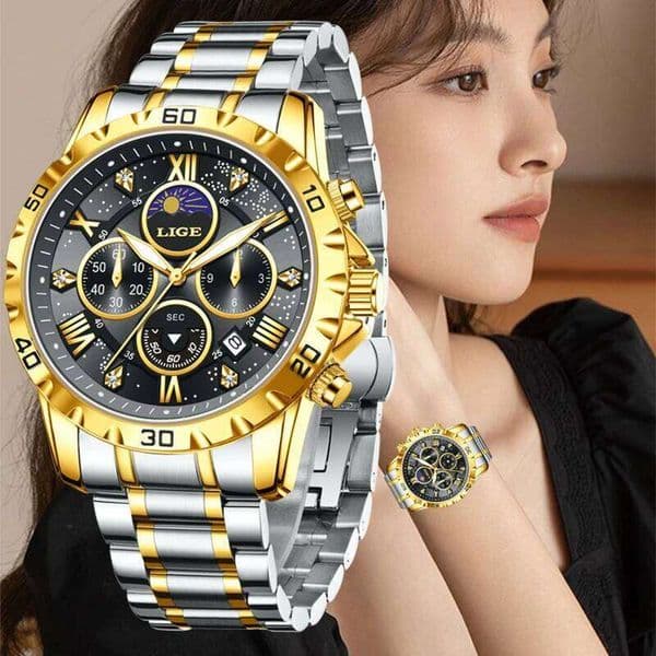 LIGE New Fashion Elegant Round Stainless Steel Diamond Watch For Women Waterproof Luminous Sports Quartz Chronograph