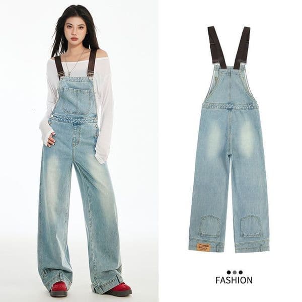 Workwear-style Overalls With A Youthful Look Wide-leg Slimming Jeans For Women Spring New Model Single-shoulder Design Designer Pants With A Stylish Hemline