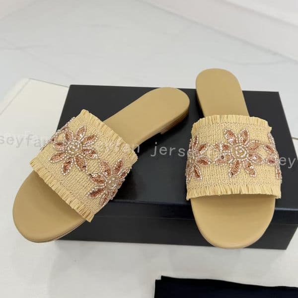 Summer Slide Sandals for Women Beaded Floral Embellished Raffia Fringe Flats 34493