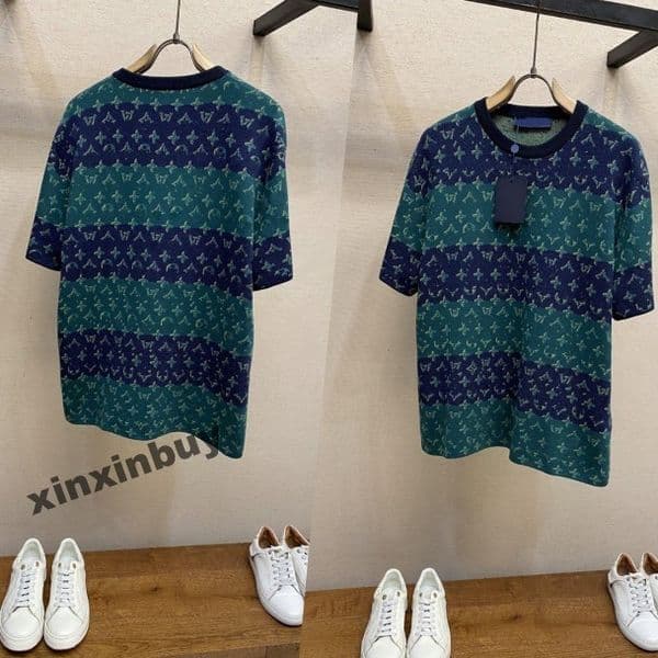 xinxinbuy Men designer Tee t shirt 2026 letters jacquard color blocked striped knitting pattern cotton short sleeve women green black white Purple S-3XL
