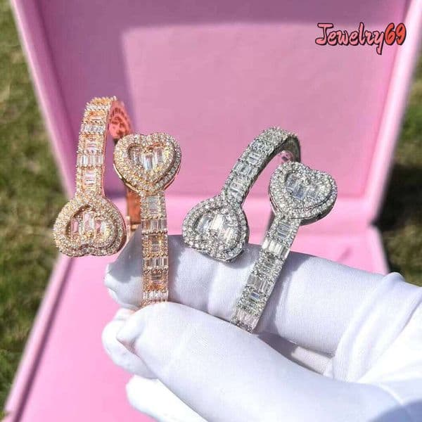6Mm Baguette CZ Heart Style Out Bling Hip Hop Street Fashion Bracelet Adjustable Full Iced Women Bangle