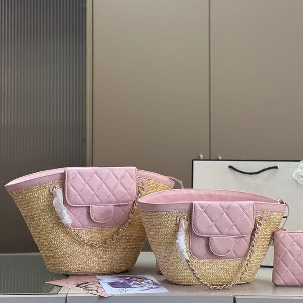 26C 20x19cm 20x23cm Raffia Straw Weave Beach Shopping Vegetable Basket Bag Gold Matelasse Chain Underarm Shoulder Handbag Large Capacity Pockage With Zipper Pouch