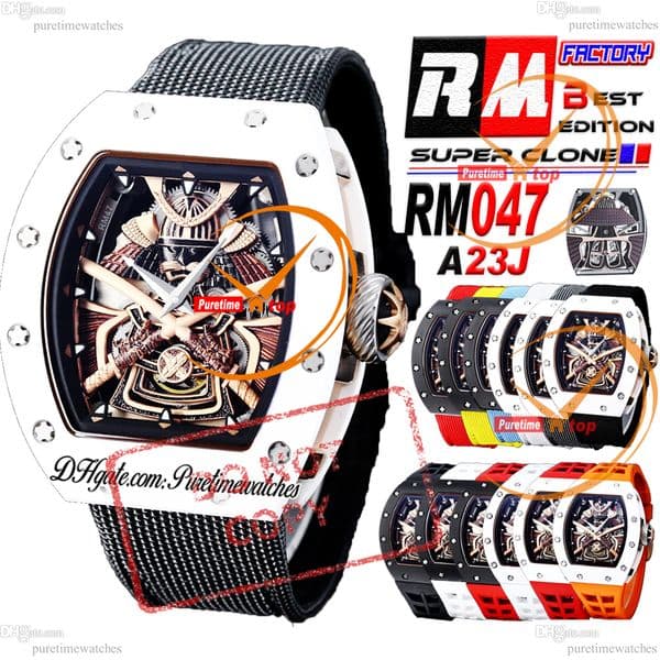047 Samurai Tourbillon Automatic Mens Watch RMF White Ceramic Case Openworked Dial Gray Nylon Strap Watches Puretimewatches Reloj Hombre CHS A11